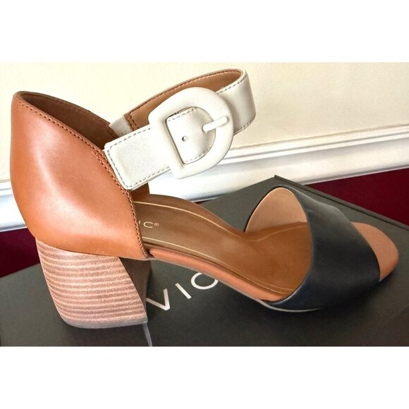 Vionic Womens Black Tan Leather Chardonnay Block Heel Sandals Sz 9 M New - Picture 4 of 11